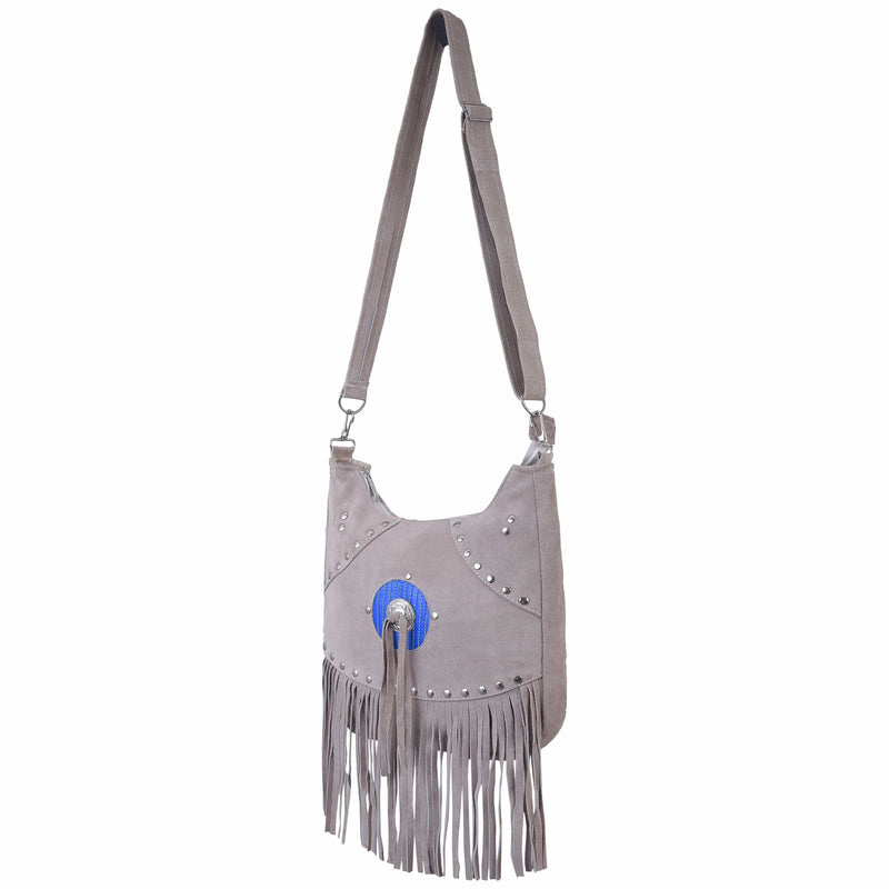 Ladies Grey Suede Leather Western Style Handbag With Fringes and Studs - MARA Leather
