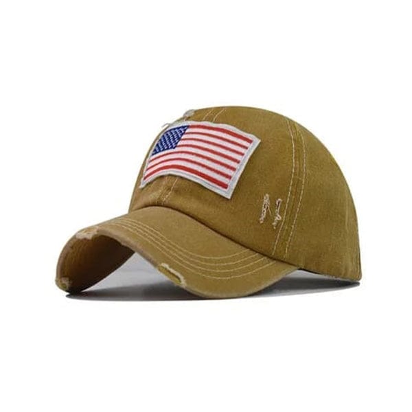 USA Flag Embroidered Distressed Denim Baseball Style Cap - Yellow