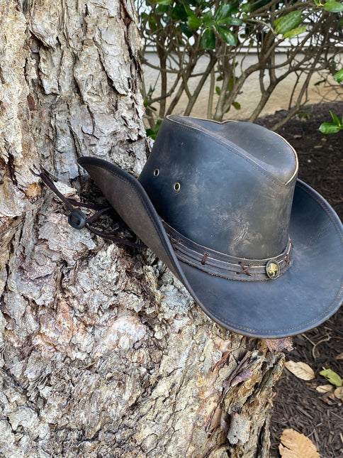 Ruff Rider Hat - Outback Leather Distressed Black Cowboy Hat