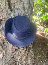 Denim Cowboy Western Hat With Braided Leather Band & Adjustable Chin Strap