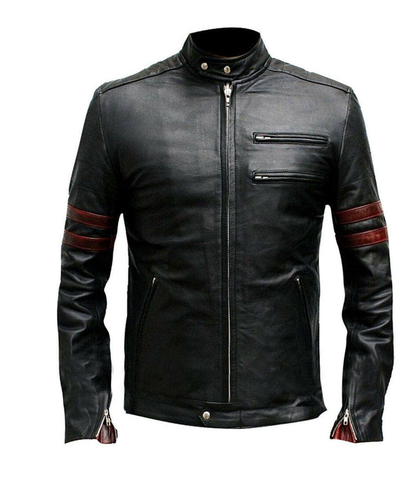 Fight Club Hybrid Mayhem Men's Slim Fit Red Stripes Black Biker Leather Jacket