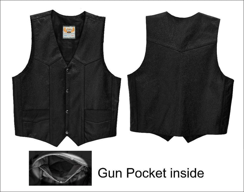 Men's Classic Western Cut Snap Front With Concealed Pockets Motorcycle Leather Vest