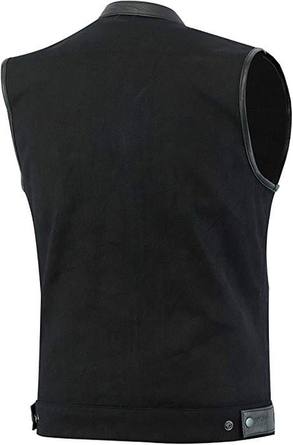 Men's Black Denim Club Vest With Genuine Leather Trim & Hidden Zipper