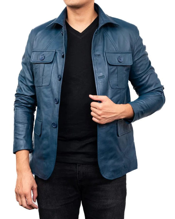 Men's Sheepskin Leather Blazer Coat Jacket 100% Genuine Leather - BLUE