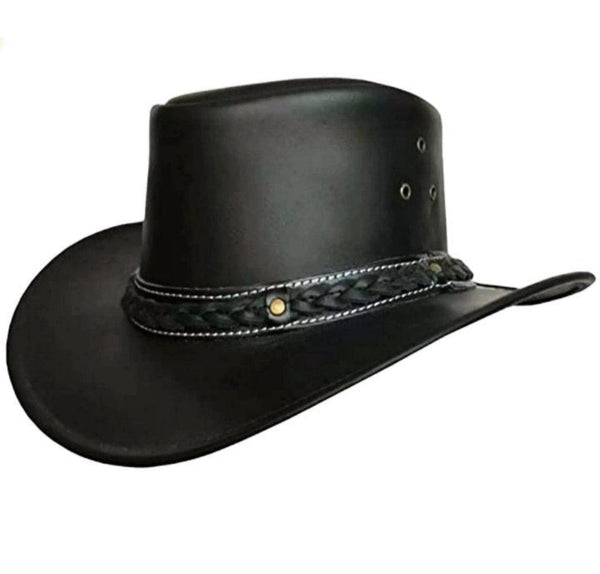 Stylish Black Genuine Leather Braided Cowboy Hat