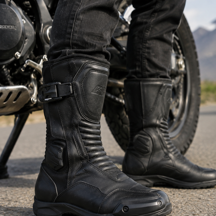 motorcyclist wearing leather biker boots