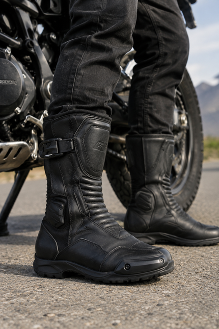 motorcyclist wearing leather biker boots