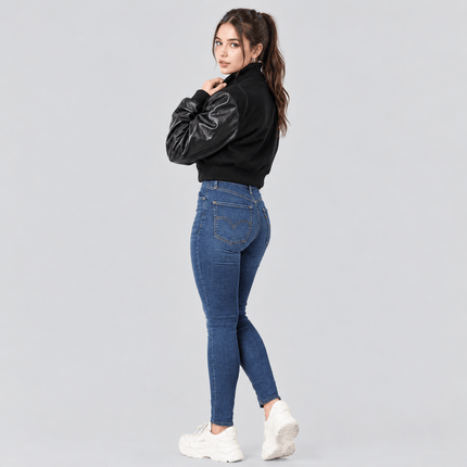 Women's Triple Black Wool Body and Leather Sleeves Cropped Varsity Jacket