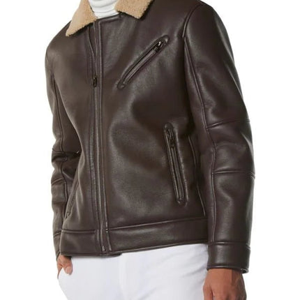 Men's Brown Leather Shearling Moto Jacket