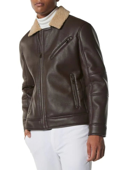 Men's Brown Leather Shearling Moto Jacket