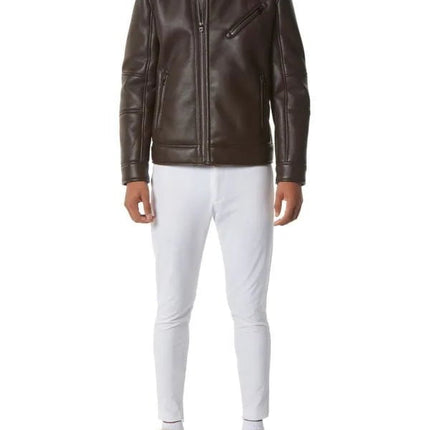 Men's Brown Leather Shearling Moto Jacket
