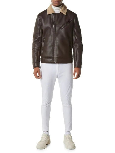 Men's Brown Leather Shearling Moto Jacket