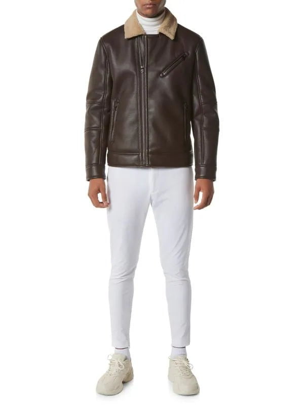 Men's Brown Leather Shearling Moto Jacket