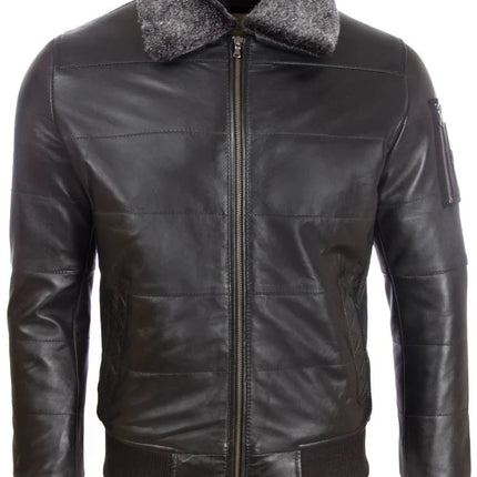 Men's Quilted Black Leather Bomber Jacket With Sherpa Collar