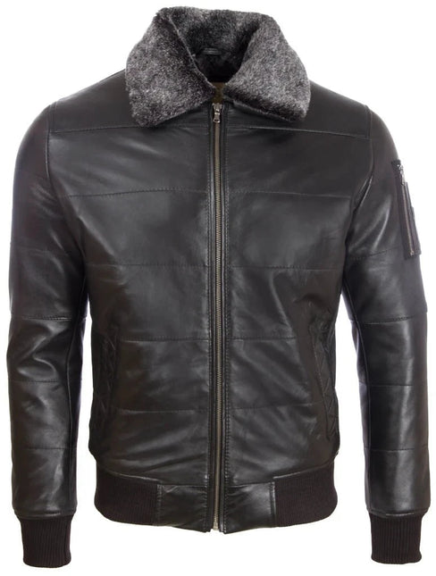 Men's Quilted Black Leather Bomber Jacket With Sherpa Collar