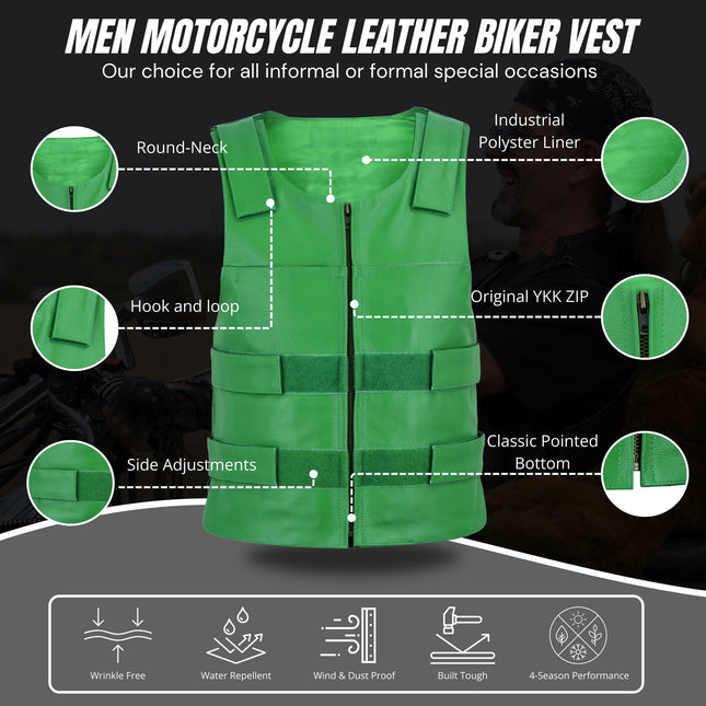 Men's Bulletproof Style Tactical Green Leather Biker Vest