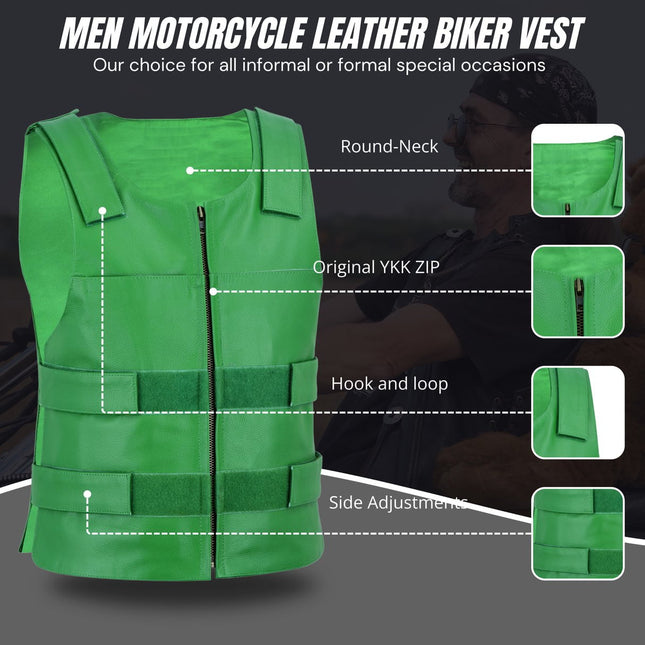 Men's Bulletproof Style Tactical Green Leather Biker Vest