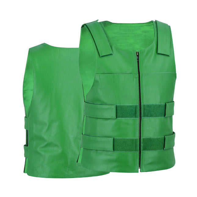 Men's Bulletproof Style Tactical Green Leather Biker Vest