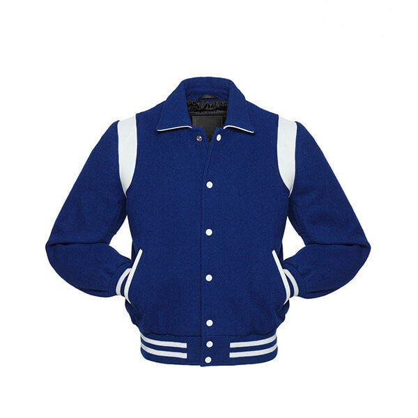 Blue Wool Varsity Jacket With white Shoulder Inserts