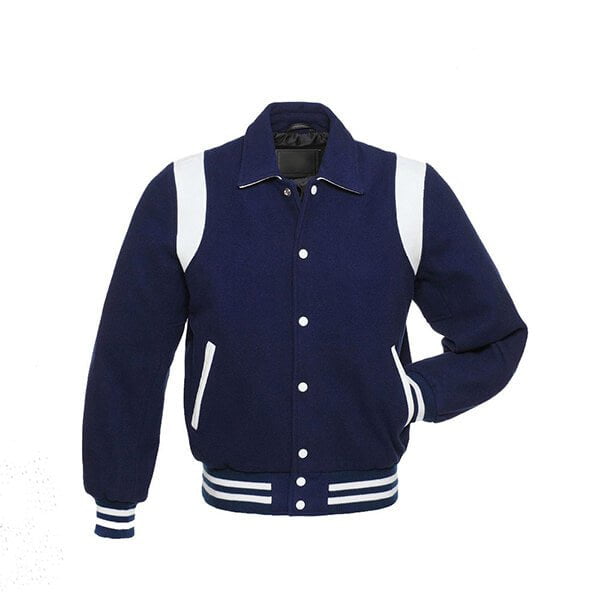 Navy  Blue Wool Varsity Jacket With white Shoulder Inserts