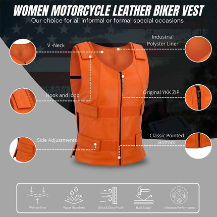 Women's SWAT Style Tactical Motorcycle Leather Vest - Orange