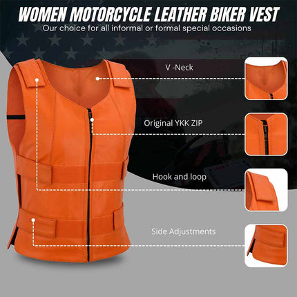 Women's SWAT Style Tactical Motorcycle Leather Vest - Orange