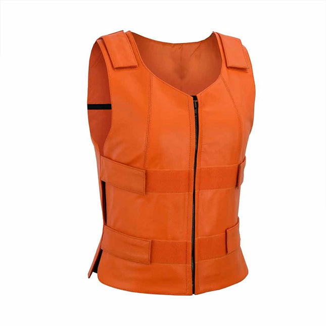 Women's SWAT Style Tactical Motorcycle Leather Vest - Orange