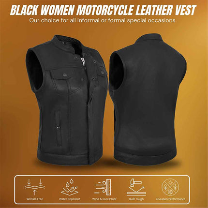 Women's Club Style Black Leather SOA Anarchy Motorcycle Vest