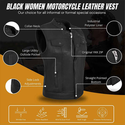 Women's Club Style Black Leather SOA Anarchy Motorcycle Vest