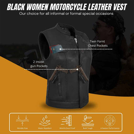 Women's Club Style Black Leather SOA Anarchy Motorcycle Vest
