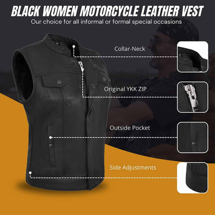 Women's Club Style Black Leather SOA Anarchy Motorcycle Vest
