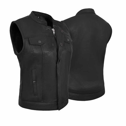 Women's Club Style Black Leather SOA Anarchy Motorcycle Vest