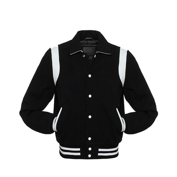 Black Wool Varsity Jacket With White Shoulder Inserts