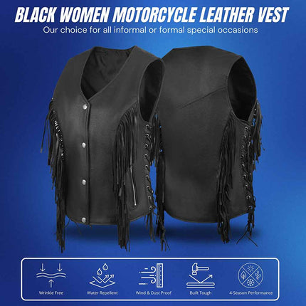 Women's Western Style Side Lace Leather Motorcycle Vest w/ Tassles