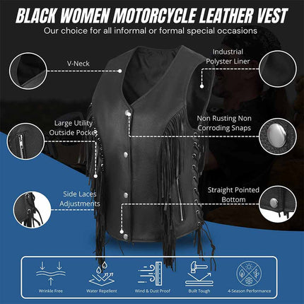 Women's Western Style Side Lace Leather Motorcycle Vest w/ Tassles