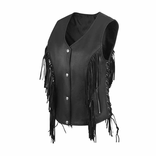Women's Western Style Side Lace Leather Motorcycle Vest w/ Tassles