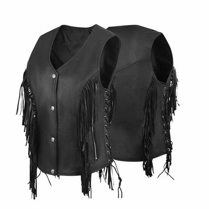 Women's Western Style Side Lace Leather Motorcycle Vest w/ Tassles