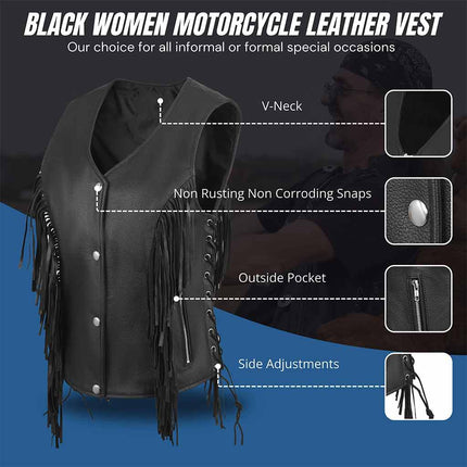 Women's Western Style Side Lace Leather Motorcycle Vest w/ Tassles