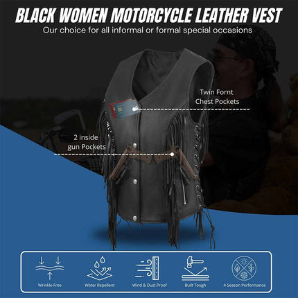 Women's Western Style Side Lace Leather Motorcycle Vest w/ Tassles