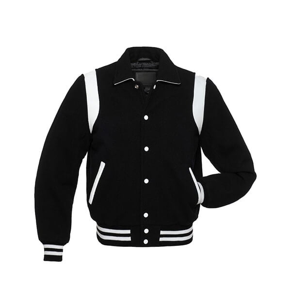 Black Wool Varsity Jacket With White Shoulder Inserts