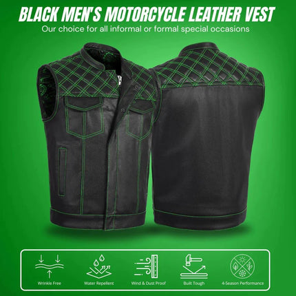 Green Diamond Stitch Leather Biker Vest