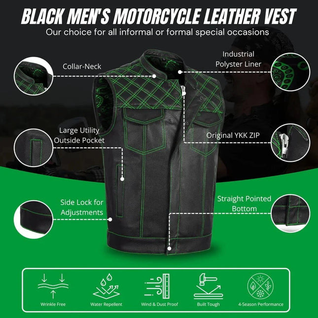 Green Diamond Stitch Leather Biker Vest