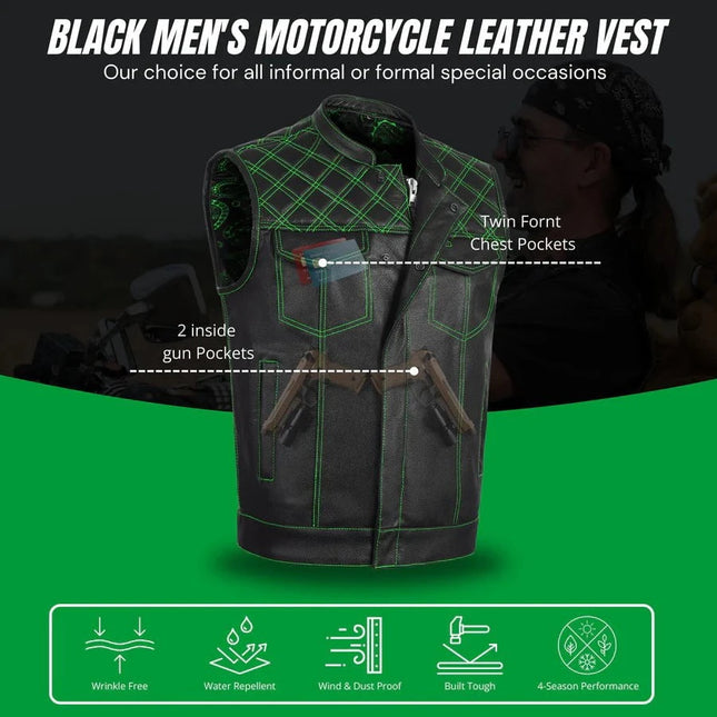 Green Diamond Stitch Leather Biker Vest