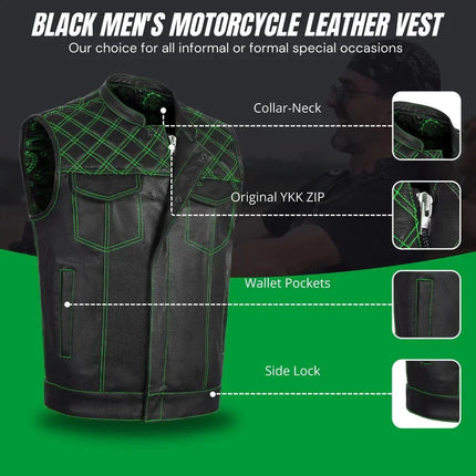 Green Diamond Stitch Leather Biker Vest