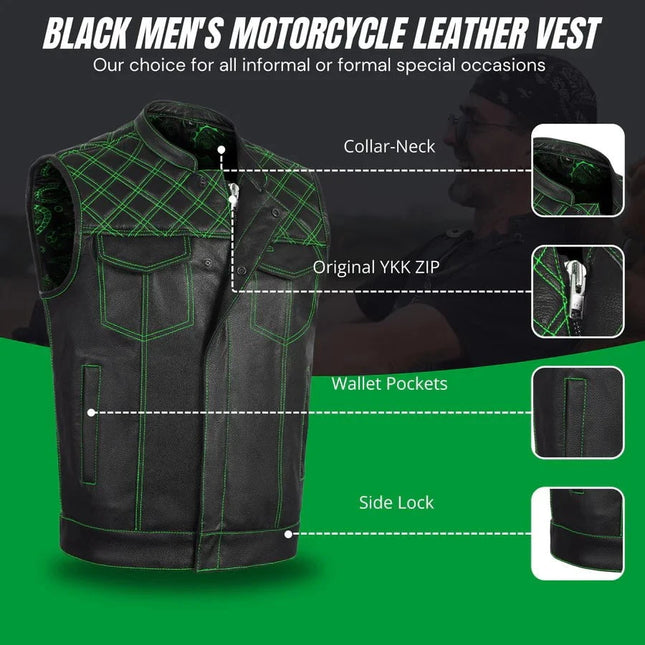 Green Diamond Stitch Leather Biker Vest