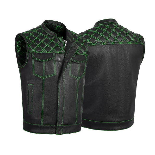 Green Diamond Stitch Leather Biker Vest