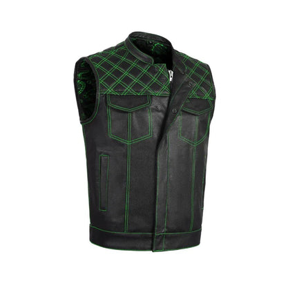 Green Diamond Stitch Leather Biker Vest