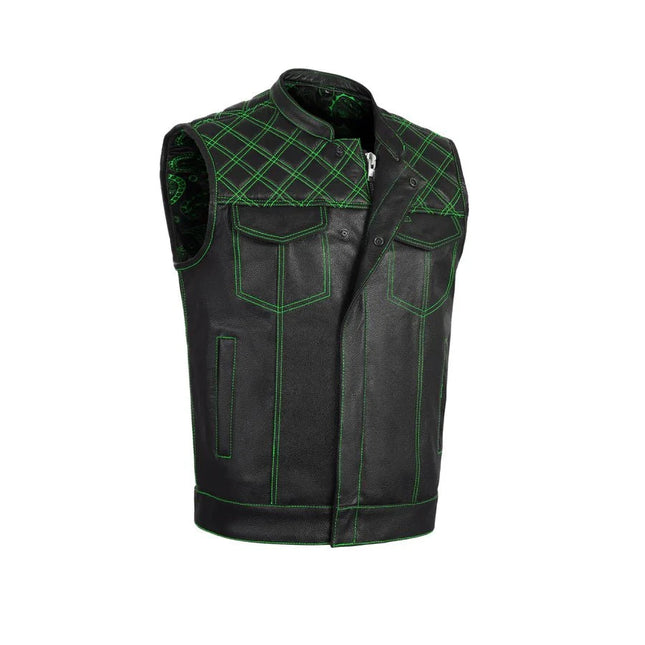 Green Diamond Stitch Leather Biker Vest