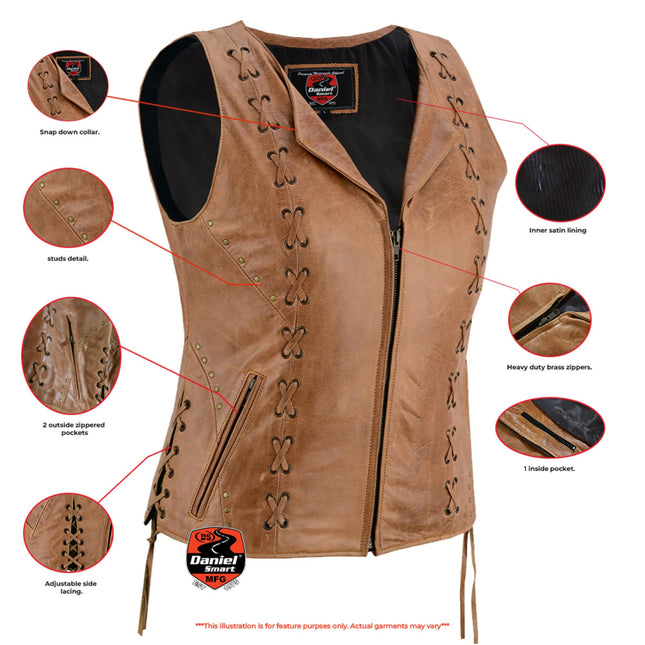Women's Brown Zippered Vest with Lacing Details