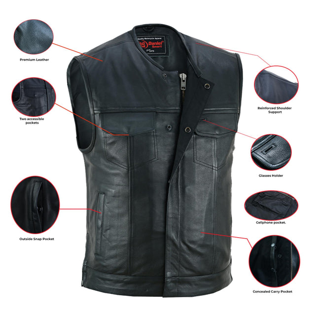 Men's Black Leather Motorcycle Vest with Upgraded Style